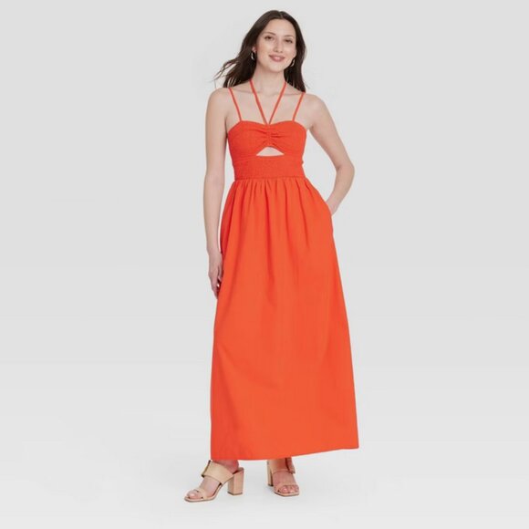 Smocked Cut-Out Maxi Dress Casual Sundress- Universal Thread Red Orange XL - Picture 2 of 3